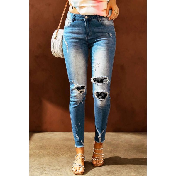 Sky Blue Skull Pattern Patchwork Ripped Skinny Ankle Jeans