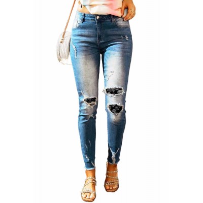 Sky Blue Skull Pattern Patchwork Ripped Skinny Ankle Jeans