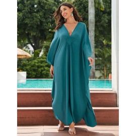Women's Long Kaftan Beach Bikini Blouse Solid Color V-neck Man Cotton Handwoven Resort Robe Dress Seaside Vacation Sunscreen