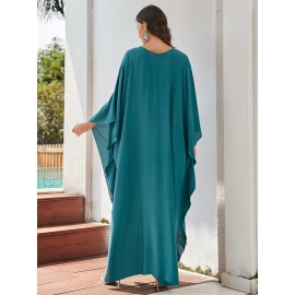 Women's Long Kaftan Beach Bikini Blouse Solid Color V-neck Man Cotton Handwoven Resort Robe Dress Seaside Vacation Sunscreen