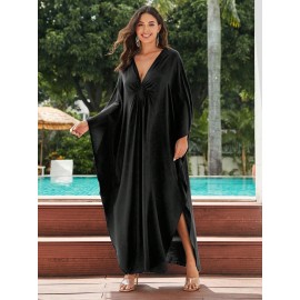 Women's Long Kaftan Beach Bikini Blouse Solid Color V-neck Man Cotton Handwoven Resort Robe Dress Seaside Vacation Sunscreen