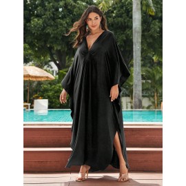 Women's Long Kaftan Beach Bikini Blouse Solid Color V-neck Man Cotton Handwoven Resort Robe Dress Seaside Vacation Sunscreen