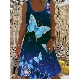 Plus Size Butterfly Print Tank Dress, Casual Sleeveless Dress For Spring & Summer, Women's Plus Size Clothing