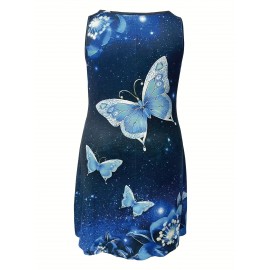 Plus Size Butterfly Print Tank Dress, Casual Sleeveless Dress For Spring & Summer, Women's Plus Size Clothing