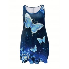 Plus Size Butterfly Print Tank Dress, Casual Sleeveless Dress For Spring & Summer, Women's Plus Size Clothing