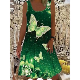 Plus Size Butterfly Print Tank Dress, Casual Sleeveless Dress For Spring & Summer, Women's Plus Size Clothing
