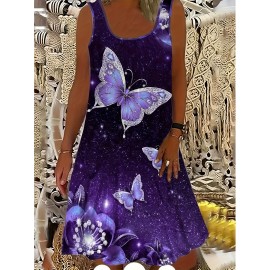 Plus Size Butterfly Print Tank Dress, Casual Sleeveless Dress For Spring & Summer, Women's Plus Size Clothing