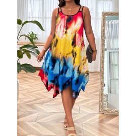Plus Size Tie Dye Print Slip Dress, Casual Irregular Hem Crew Neck Dress For Spring & Summer, Women's Plus Size Clothing