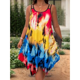 Plus Size Tie Dye Print Slip Dress, Casual Irregular Hem Crew Neck Dress For Spring & Summer, Women's Plus Size Clothing