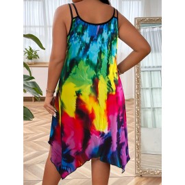 Plus Size Tie Dye Print Slip Dress, Casual Irregular Hem Crew Neck Dress For Spring & Summer, Women's Plus Size Clothing