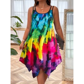 Plus Size Tie Dye Print Slip Dress, Casual Irregular Hem Crew Neck Dress For Spring & Summer, Women's Plus Size Clothing
