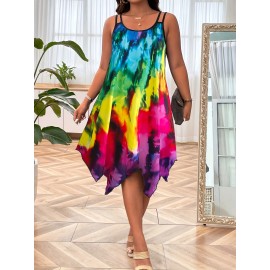 Plus Size Tie Dye Print Slip Dress, Casual Irregular Hem Crew Neck Dress For Spring & Summer, Women's Plus Size Clothing
