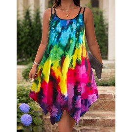 Plus Size Tie Dye Print Slip Dress, Casual Irregular Hem Crew Neck Dress For Spring & Summer, Women's Plus Size Clothing