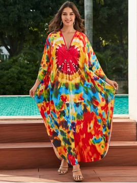 Women's long beach cover up with printed holiday robe, loose cover up with deep V-neck and side slit casual swimsuit cover up