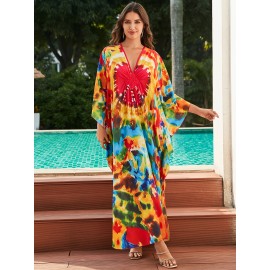 Women's long beach cover up with printed holiday robe, loose cover up with deep V-neck and side slit casual swimsuit cover up