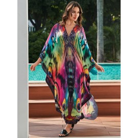 Women's long beach cover up with printed holiday robe, loose cover up with deep V-neck and side slit casual swimsuit cover up