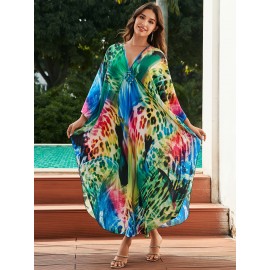 Women's long beach cover up with printed holiday robe, loose cover up with deep V-neck and side slit casual swimsuit cover up
