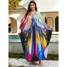 Women's long beach cover up with printed holiday robe, loose cover up with deep V-neck and side slit casual swimsuit cover up