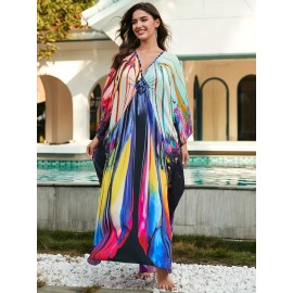 Women's long beach cover up with printed holiday robe, loose cover up with deep V-neck and side slit casual swimsuit cover up