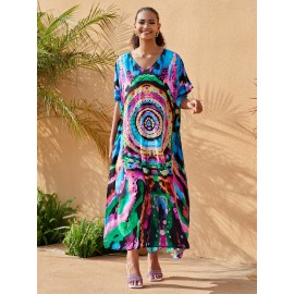 Women's Bohemian Style Printed Beach Cover Up Long Dress Holiday Long Dresses Dresses V-Neck Four Sides Elastic Loose Large Size Ethnic Style Swimwear Cover Up Casual Home Holiday Clothing