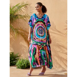 Women's Bohemian Style Printed Beach Cover Up Long Dress Holiday Long Dresses Dresses V-Neck Four Sides Elastic Loose Large Size Ethnic Style Swimwear Cover Up Casual Home Holiday Clothing