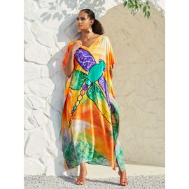 Women's Bohemian Style Printed Beach Cover Up Long Dress Holiday Long Dresses Dresses V-Neck Four Sides Elastic Loose Large Size Ethnic Style Swimwear Cover Up Casual Home Holiday Clothing