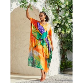 Women's Bohemian Style Printed Beach Cover Up Long Dress Holiday Long Dresses Dresses V-Neck Four Sides Elastic Loose Large Size Ethnic Style Swimwear Cover Up Casual Home Holiday Clothing