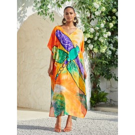 Women's Bohemian Style Printed Beach Cover Up Long Dress Holiday Long Dresses Dresses V-Neck Four Sides Elastic Loose Large Size Ethnic Style Swimwear Cover Up Casual Home Holiday Clothing