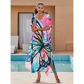 Women's Bohemian Style Printed Beach Cover Up Long Dress Holiday Long Dresses Dresses V-Neck Four Sides Elastic Loose Large Size Ethnic Style Swimwear Cover Up Casual Home Holiday Clothing
