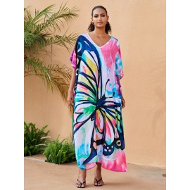 Women's Bohemian Style Printed Beach Cover Up Long Dress Holiday Long Dresses Dresses V-Neck Four Sides Elastic Loose Large Size Ethnic Style Swimwear Cover Up Casual Home Holiday Clothing