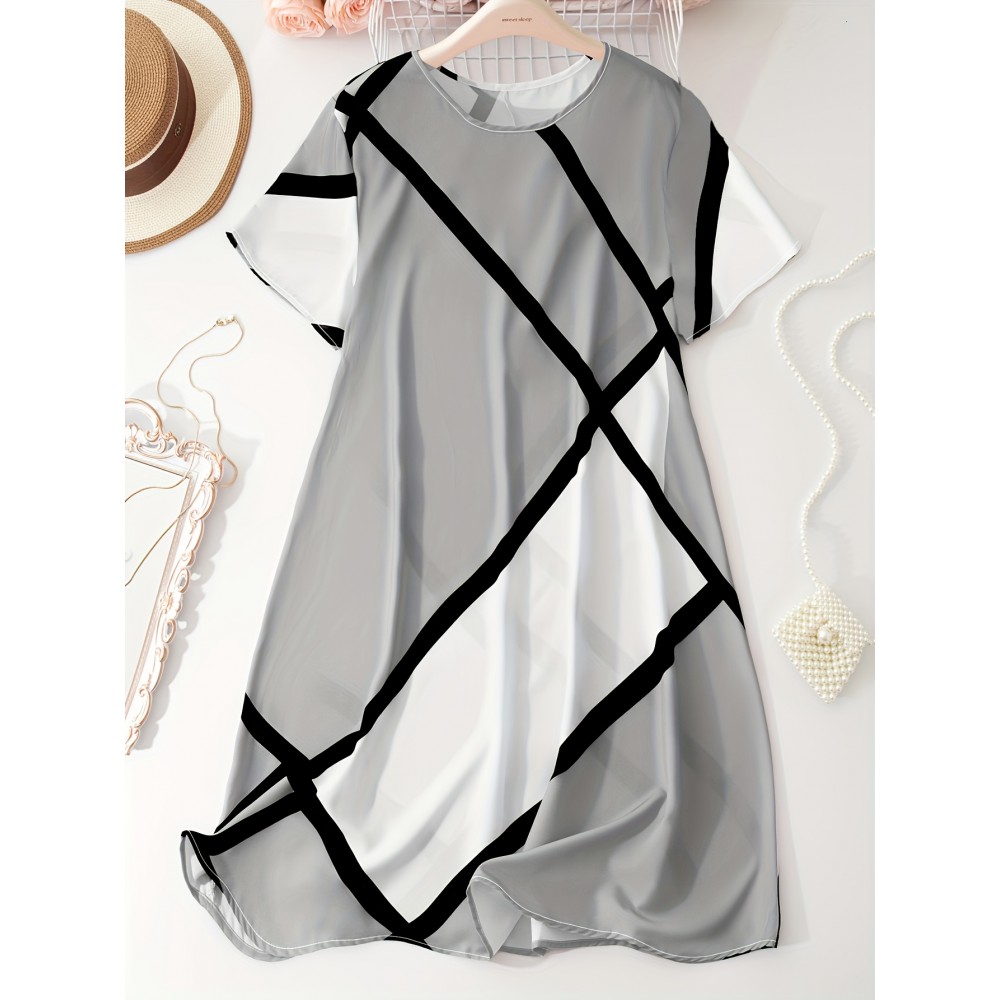 Plus Size Colorblock Print Slim Dress, Casual Short Sleeve Dress For Spring & Summer, Women's Plus Size Clothing
