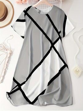 Plus Size Colorblock Print Slim Dress, Casual Short Sleeve Dress For Spring & Summer, Women's Plus Size Clothing