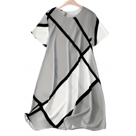 Plus Size Colorblock Print Slim Dress, Casual Short Sleeve Dress For Spring & Summer, Women's Plus Size Clothing