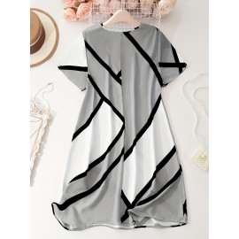 Plus Size Colorblock Print Slim Dress, Casual Short Sleeve Dress For Spring & Summer, Women's Plus Size Clothing