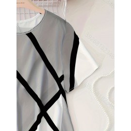 Plus Size Colorblock Print Slim Dress, Casual Short Sleeve Dress For Spring & Summer, Women's Plus Size Clothing