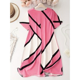 Plus Size Colorblock Print Slim Dress, Casual Short Sleeve Dress For Spring & Summer, Women's Plus Size Clothing