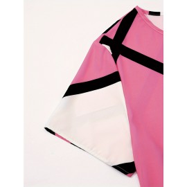 Plus Size Colorblock Print Slim Dress, Casual Short Sleeve Dress For Spring & Summer, Women's Plus Size Clothing