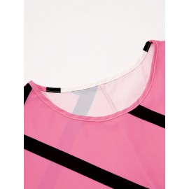 Plus Size Colorblock Print Slim Dress, Casual Short Sleeve Dress For Spring & Summer, Women's Plus Size Clothing