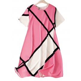 Plus Size Colorblock Print Slim Dress, Casual Short Sleeve Dress For Spring & Summer, Women's Plus Size Clothing