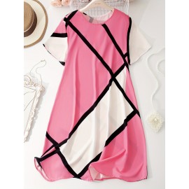 Plus Size Colorblock Print Slim Dress, Casual Short Sleeve Dress For Spring & Summer, Women's Plus Size Clothing