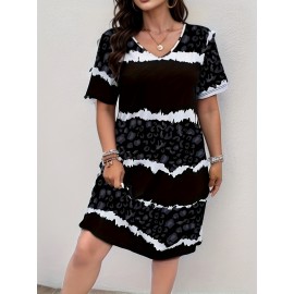 Plus Size Irregular Stripe Print Dress, Casual V Neck Short Sleeve Dress, Women's Plus Size Clothing