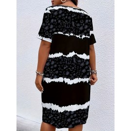 Plus Size Irregular Stripe Print Dress, Casual V Neck Short Sleeve Dress, Women's Plus Size Clothing