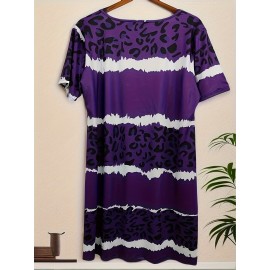 Plus Size Irregular Stripe Print Dress, Casual V Neck Short Sleeve Dress, Women's Plus Size Clothing