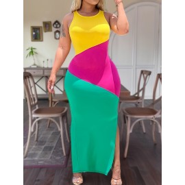 Plus Size Colorblock Split Tank Dress, Casual Crew Neck Sleeveless Dress For Summer, Women's Plus Size Clothing