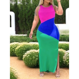 Plus Size Colorblock Split Tank Dress, Casual Crew Neck Sleeveless Dress For Summer, Women's Plus Size Clothing