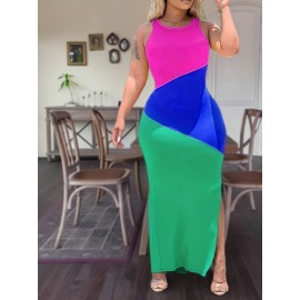 Plus Size Colorblock Split Tank Dress, Casual Crew Neck Sleeveless Dress For Summer, Women's Plus Size Clothing