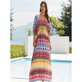 Women's Long Beach Blouse, Robe, Bikini Line Print, Cotton Seaside Resort Style