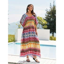 Women's Long Beach Blouse, Robe, Bikini Line Print, Cotton Seaside Resort Style