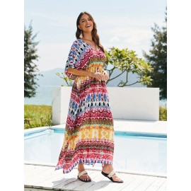 Women's Long Beach Blouse, Robe, Bikini Line Print, Cotton Seaside Resort Style