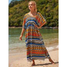 Women's Long Beach Blouse, Robe, Bikini Line Print, Cotton Seaside Resort Style